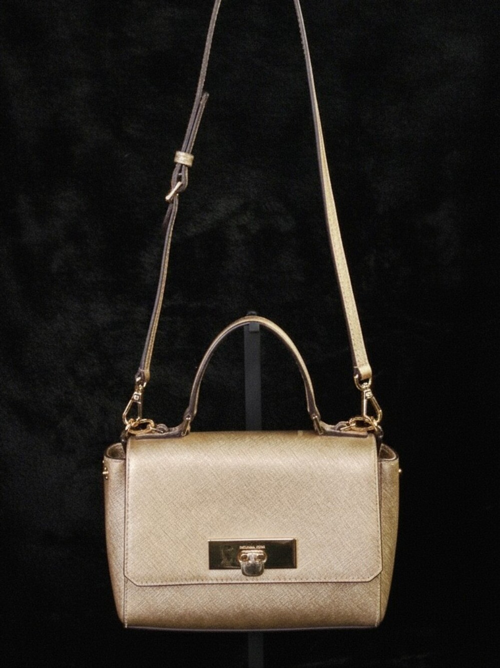 Michael Kors Tina Pale Gold Metallic Saffiano Leather Crossbody Satchel Bag